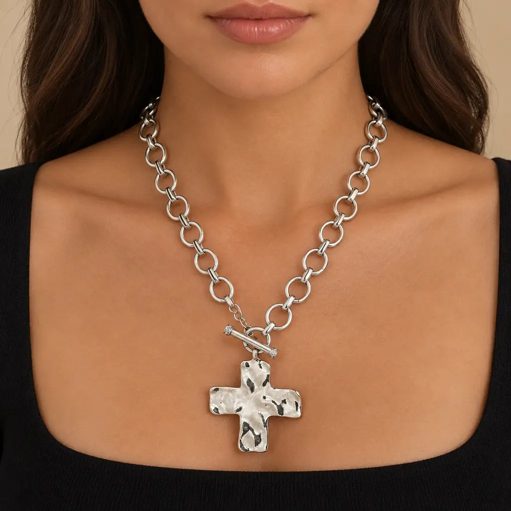 Silver Eternal Cross Necklace centered with a black top