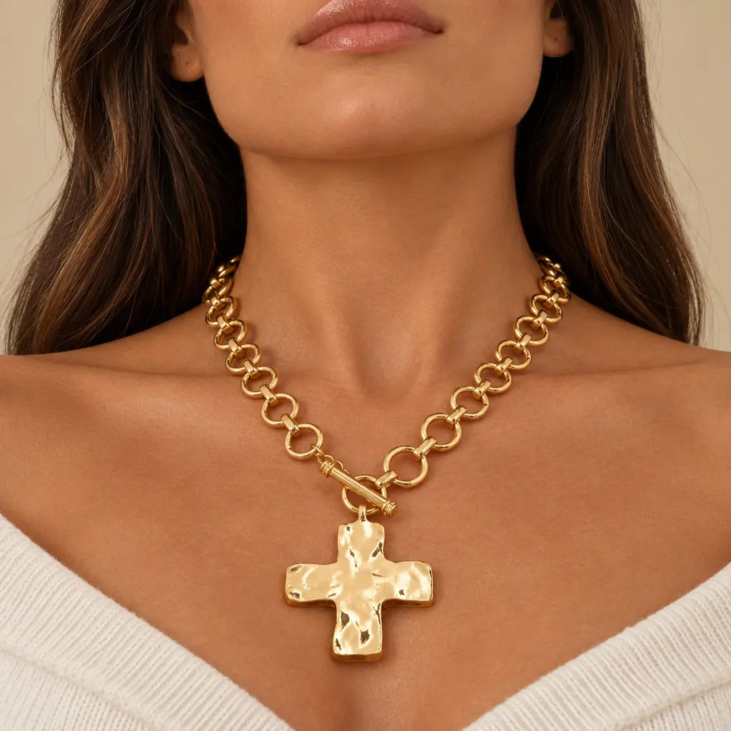 Gold Eternal Cross Necklace from a slightly lower angle